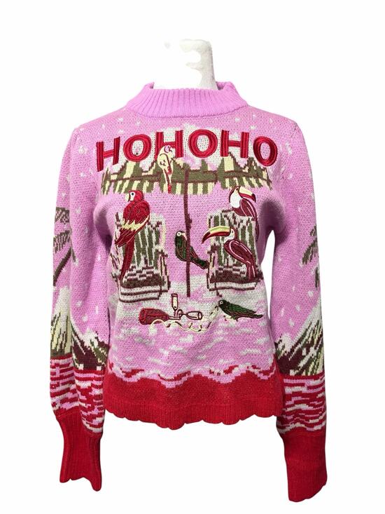 FARM Rio Sweaters - Farm Rio Macaw From Rio Knit Sweater Small Pink Parrot Holiday Wool Blend NWT